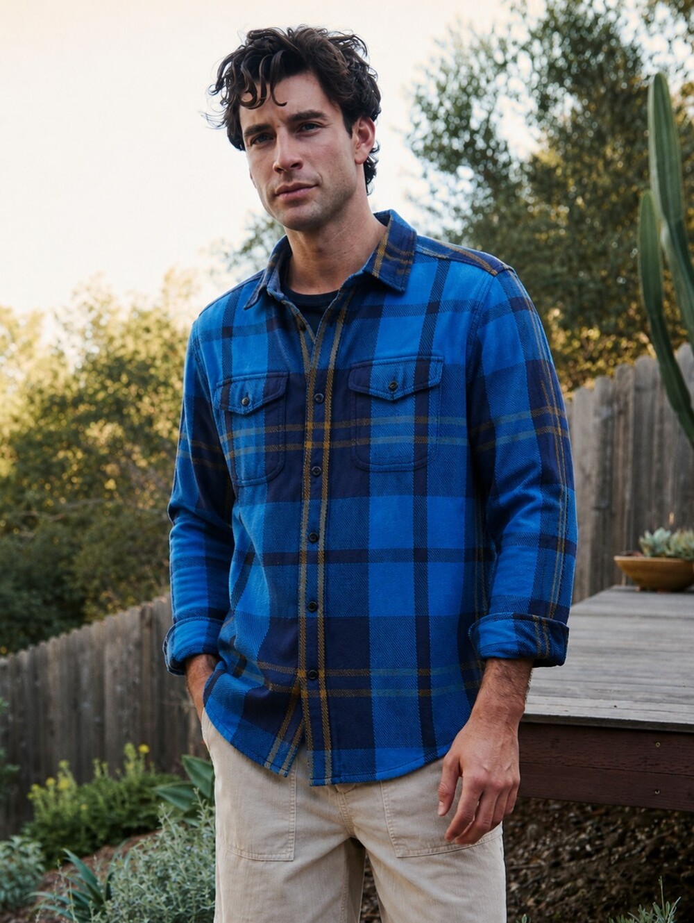 Outerknown | Blanket Shirt Mens Large Blue Navy Plaid Organic Cotton Flannel